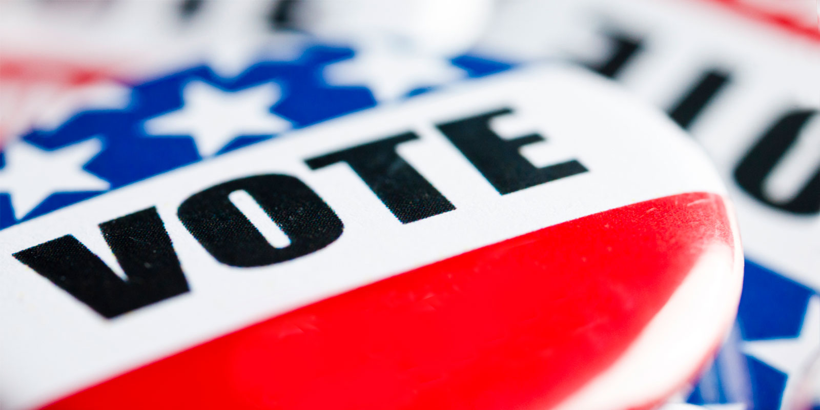 A red, white, and blue button with the word vote